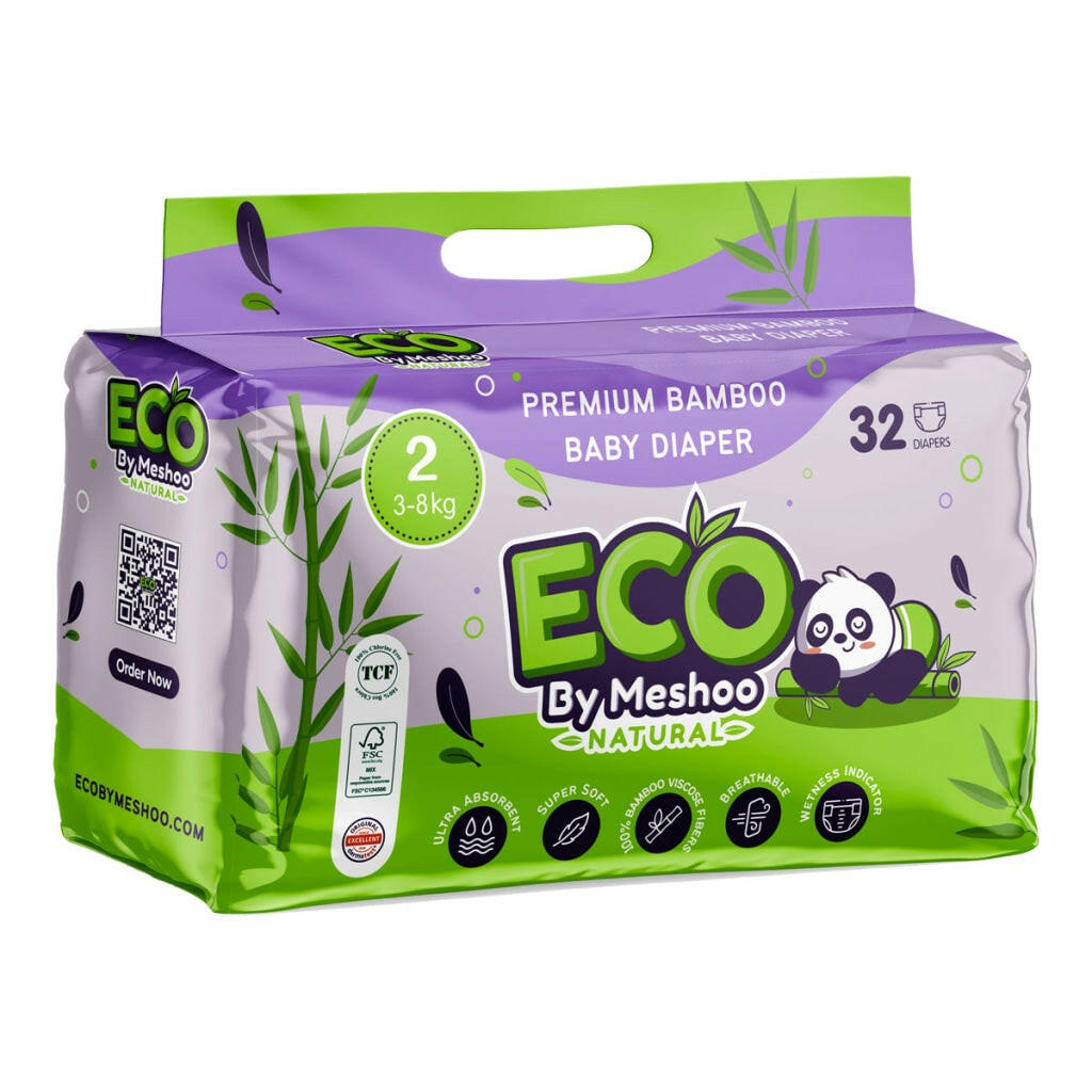 Premium Bamboo Diaper Size 2 (3-8 kg) 32 pcs - Eco By Meshoo